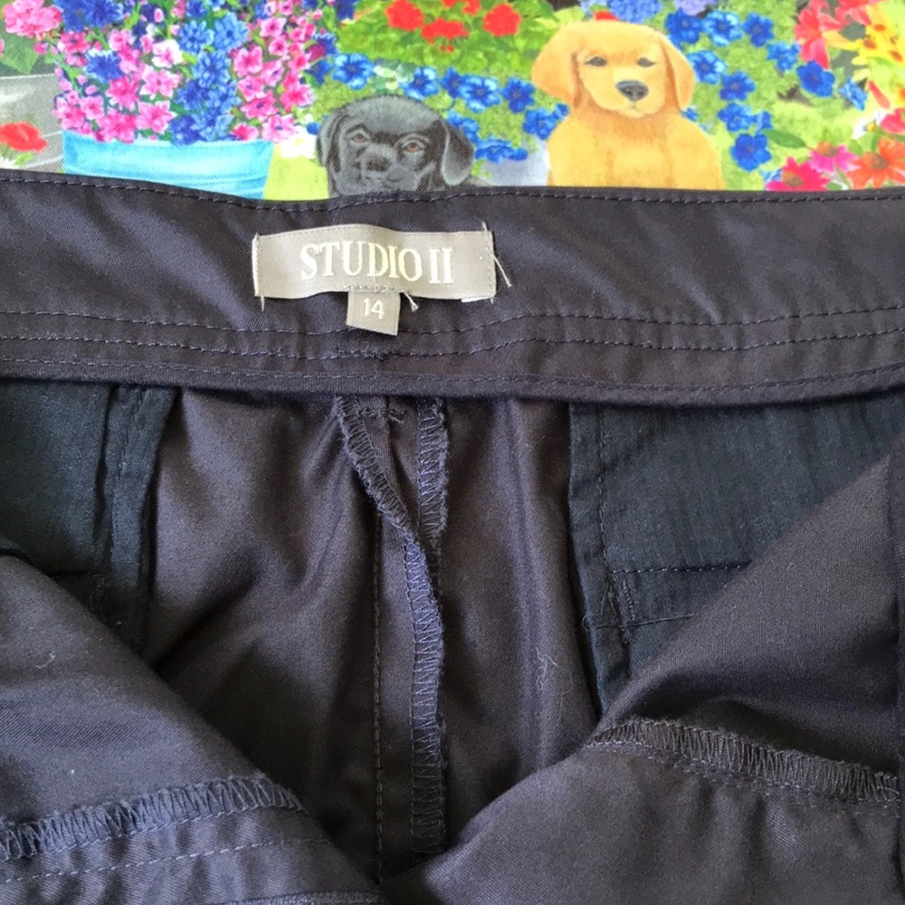 NWT Studio II Navy Blue Twill Khaki Walking Shorts 14 Polyester Cotton Blend